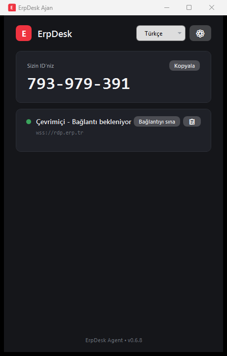 ErpDesk ana penceresi — 9 haneli ID, çevrimiçi durum ve sunucu adresi
